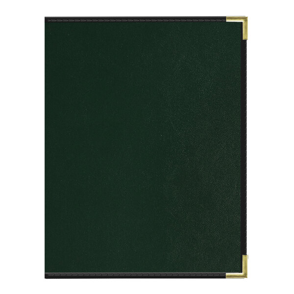 A green rectangular menu cover with a black border and gold corners.
