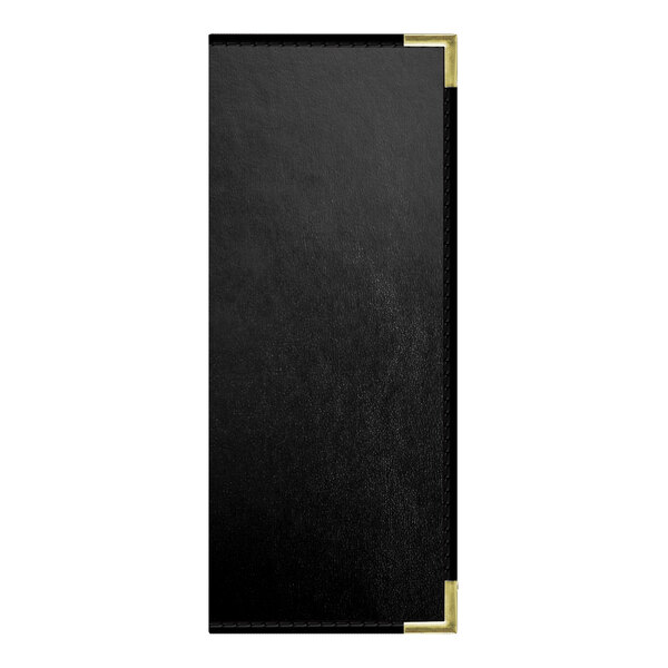 A black rectangular menu cover with gold corners and trim.