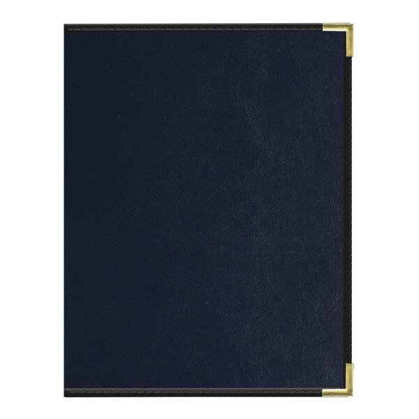 A black menu cover with black and gold corners and a blue cover.