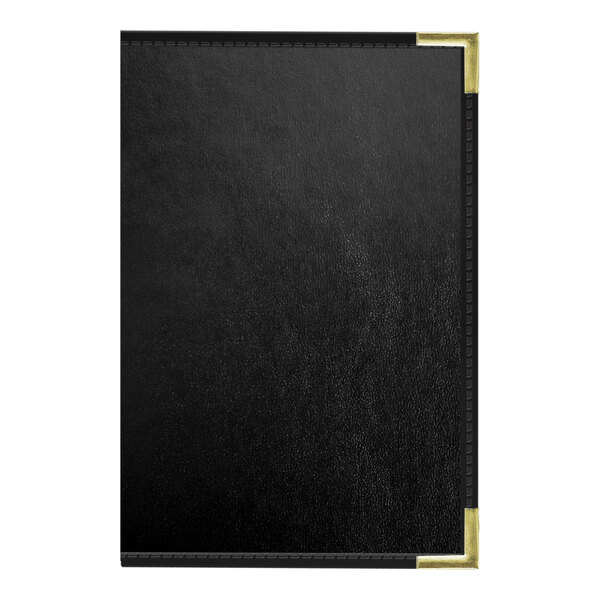 A black leather menu cover with gold corners and white border.