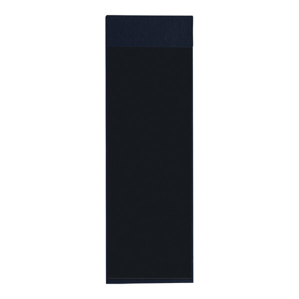 A black rectangular object with a white border and black band displaying a blue background.