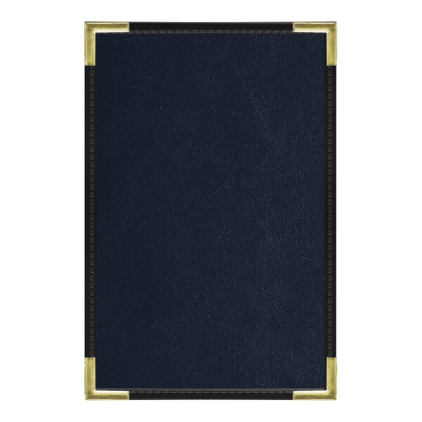A blue menu cover with black and gold rectangular trim.