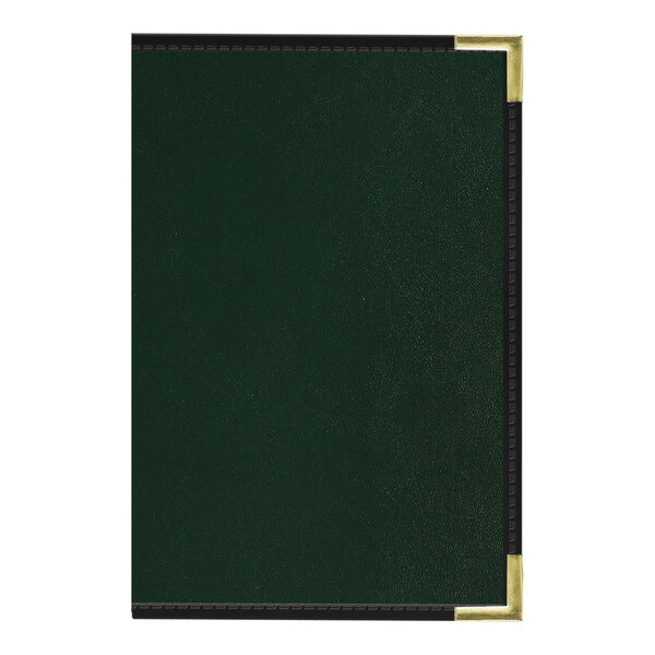 A green and black rectangular menu cover with gold corners.
