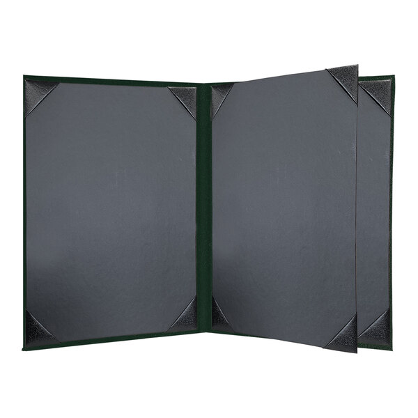 A green menu cover with black album style corners and two open pages.