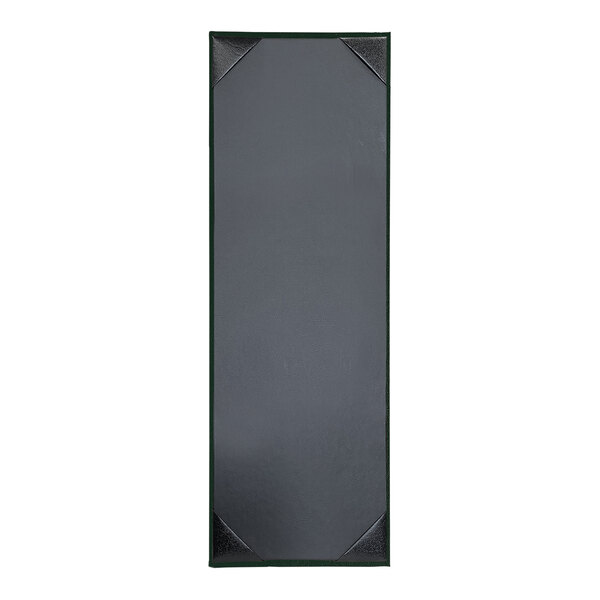 A rectangular black menu cover with green corners.