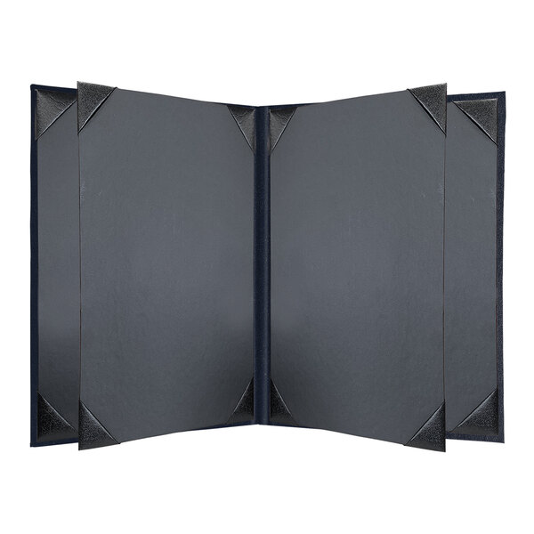 A grey rectangular menu cover with black album style corners.