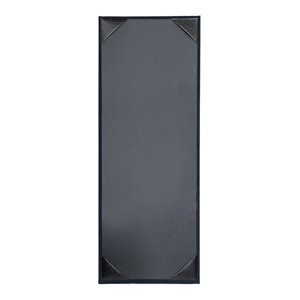 A grey rectangular menu cover with black corners.