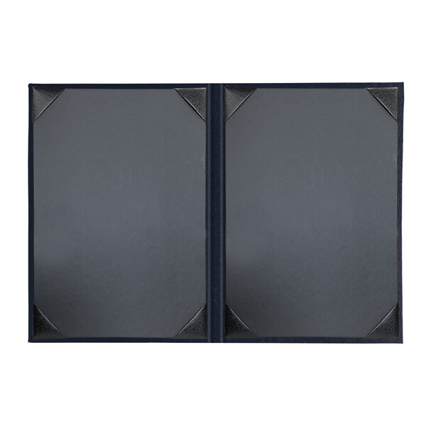 A blue rectangular menu cover with album style corners.