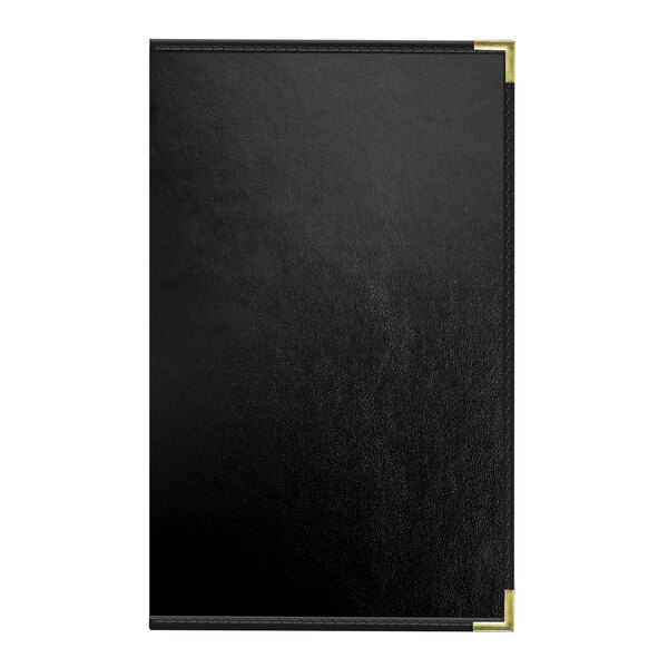 A black leather Oakmont menu cover with white trim.