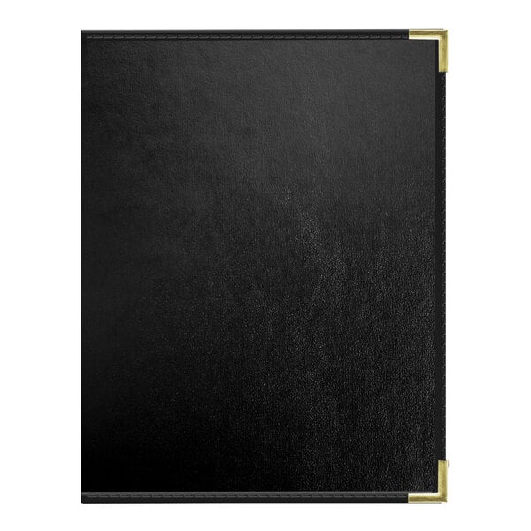A black leather menu cover with a white border.