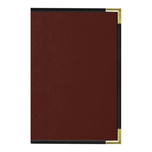 An Oakmont menu cover with black and red trim and gold corners.
