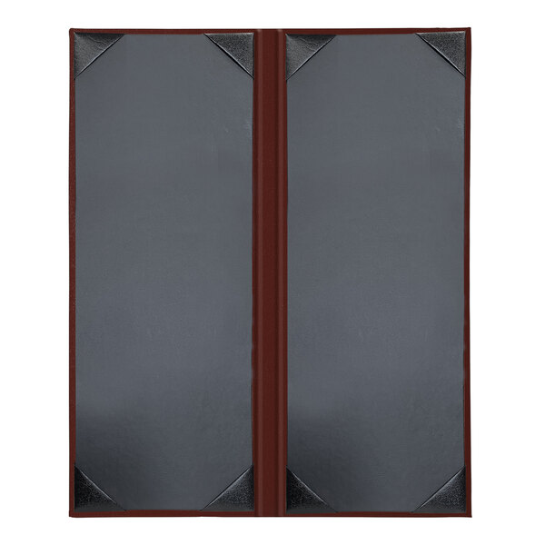 Two brown oak menu covers with album style corners and black trim.