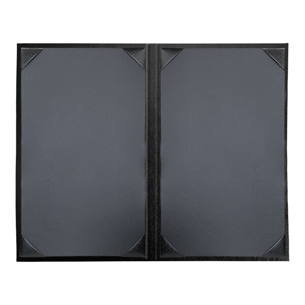 A black rectangular menu cover with black album style corners.