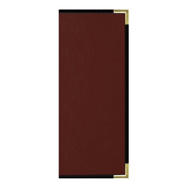 A brown leather menu cover with gold trim on the corners.