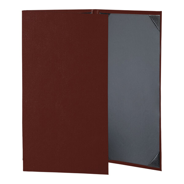 A grey rectangular menu cover with album style corners and a brown frame.