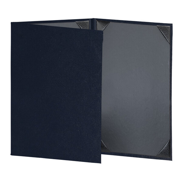 A navy blue rectangular menu cover with black album style corners.