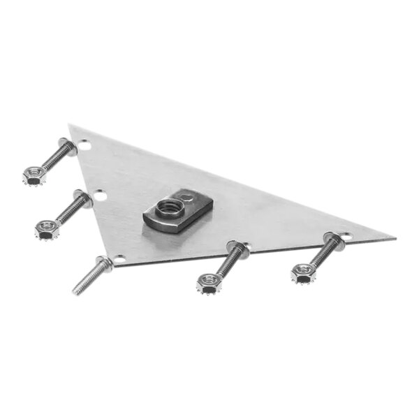 A metal triangle with screws and nuts.
