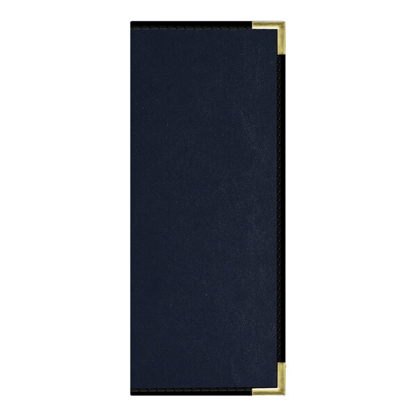 A navy blue rectangular menu cover with gold trim.