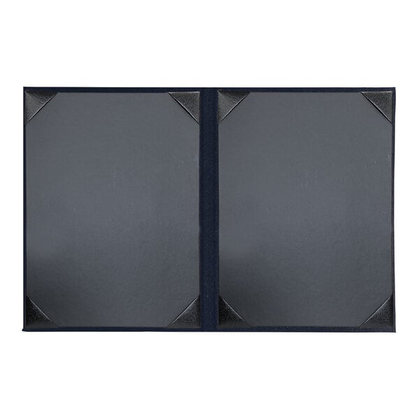 A black rectangular menu cover with metal corners.