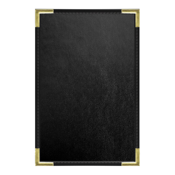 A black leather menu cover with gold corners and a white border.