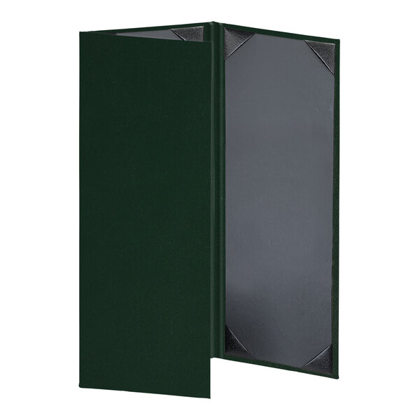 A green rectangular menu cover with black album style corners.
