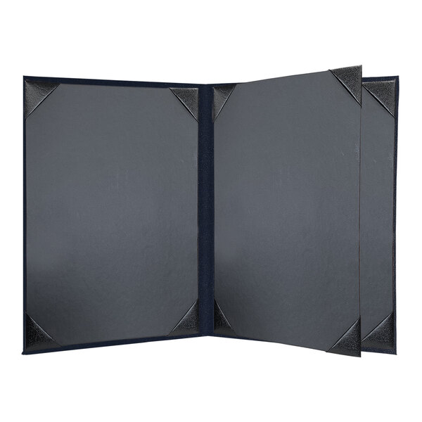 A black rectangular menu cover with blue panels and black album style corners.