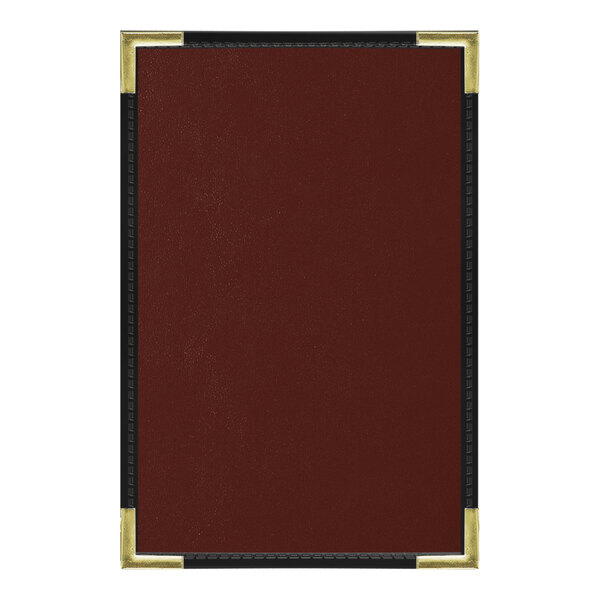 An oak wood menu cover with a black border and a red rectangular frame.