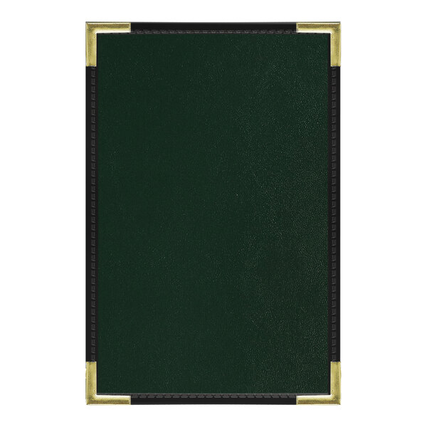 A green leather menu cover with black trim and gold corners.