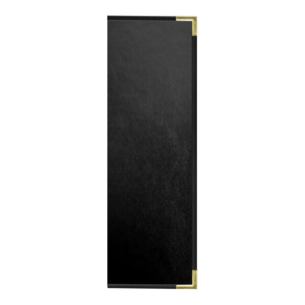 A black rectangular menu cover with gold corners and a white border.