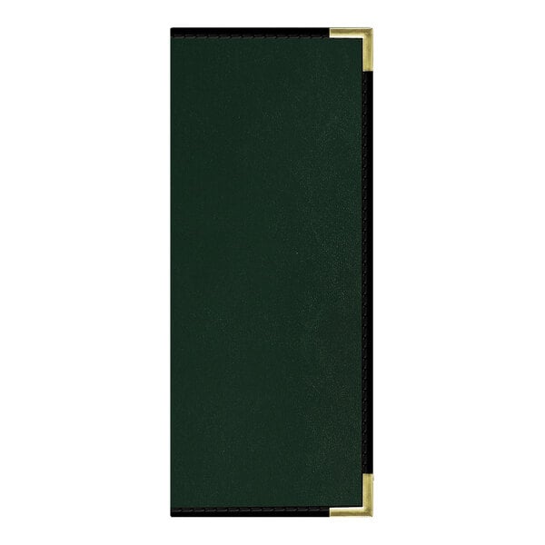 A green rectangular menu cover with black and gold borders.