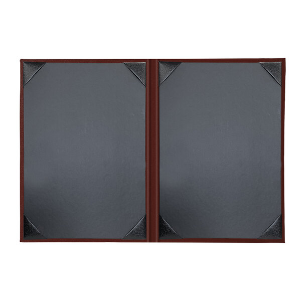 A grey rectangular menu cover with brown album style corners.