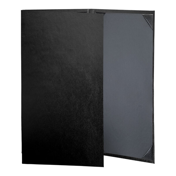 A black menu cover with a black and grey leather surface.