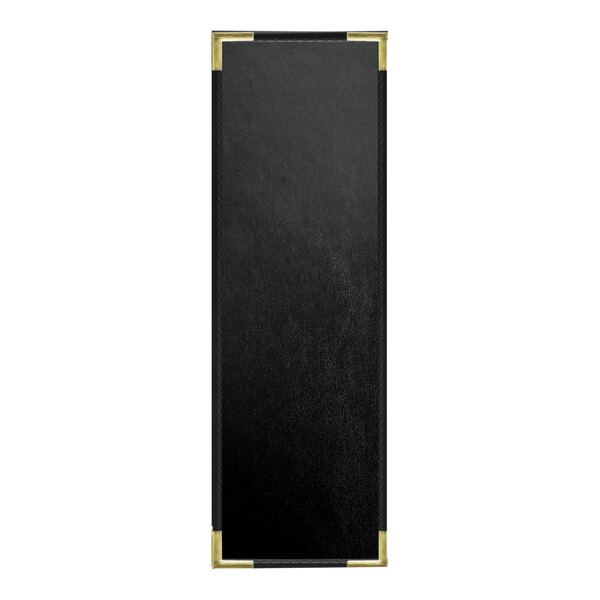 A black rectangular menu cover with a black border and gold corners.