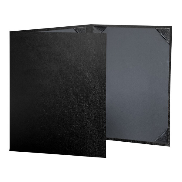 A black folder with a black cover and album style corners containing two pages.