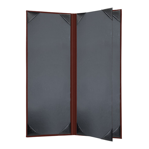 A brown menu cover with black album style corners open to two pages.
