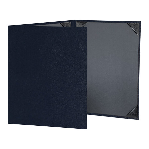 A navy blue menu cover with black album style corners.