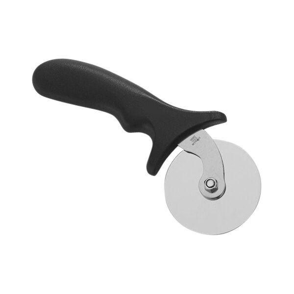 An American Metalcraft stainless steel pizza cutter with a black plastic handle.