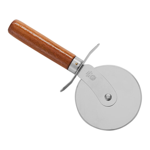 An American Metalcraft stainless steel pizza cutter with a wooden handle.
