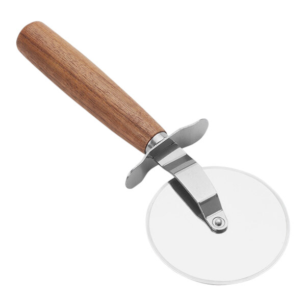 An American Metalcraft pizza cutter with a wooden handle.