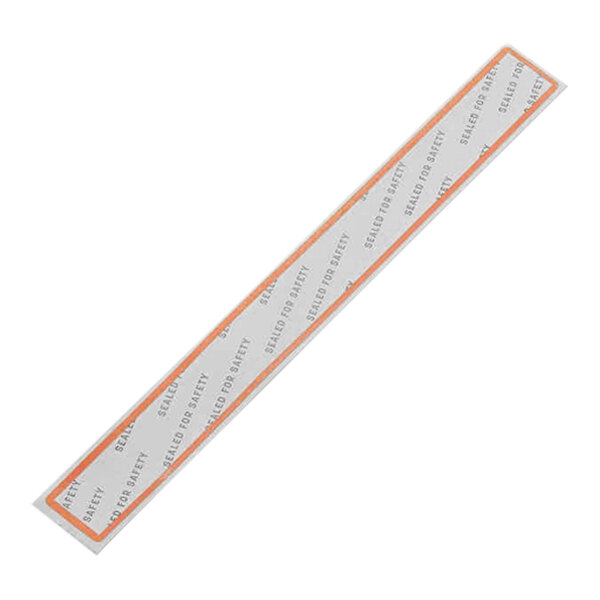 A long rectangular white and orange label with the text "Sealed for Safety"