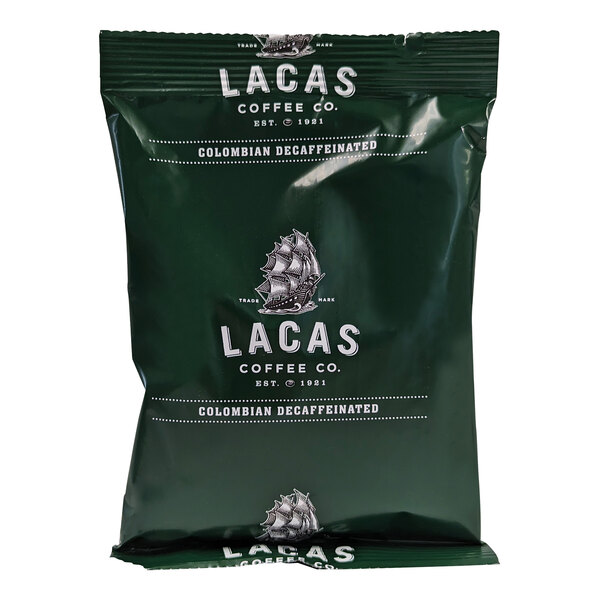 A green Lacas Coffee bag with white text.