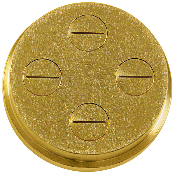 A gold circular pasta die with holes in it.