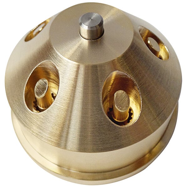 A gold colored metal penne pasta die with a round top and holes on the bottom.