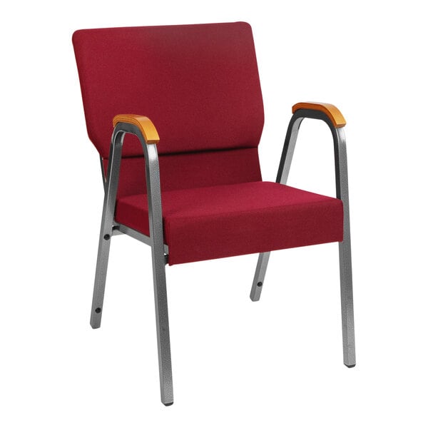 A red and silver Flash Furniture church chair with wood accent arms.