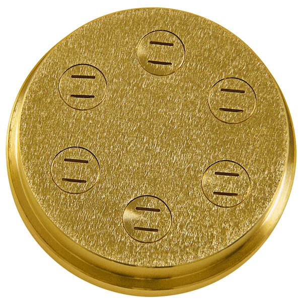 A gold circular metal plate with six round holes.