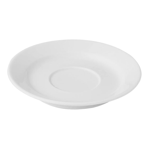 A white porcelain saucer with a wide circular rim.