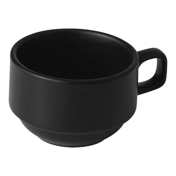 A black Bon Chef Tavola porcelain coffee cup with a handle.