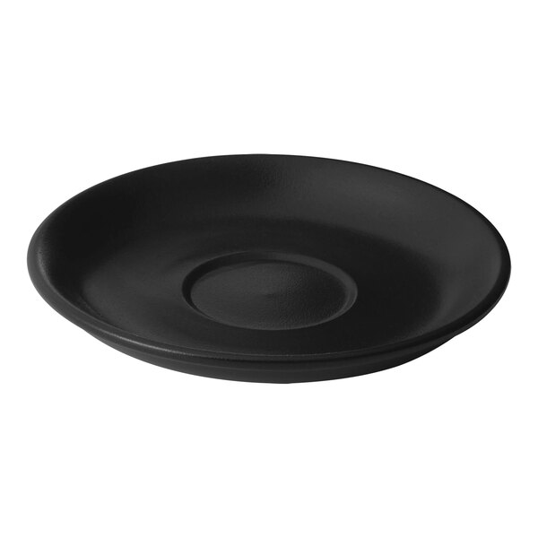 A black porcelain coffee saucer with a round center.