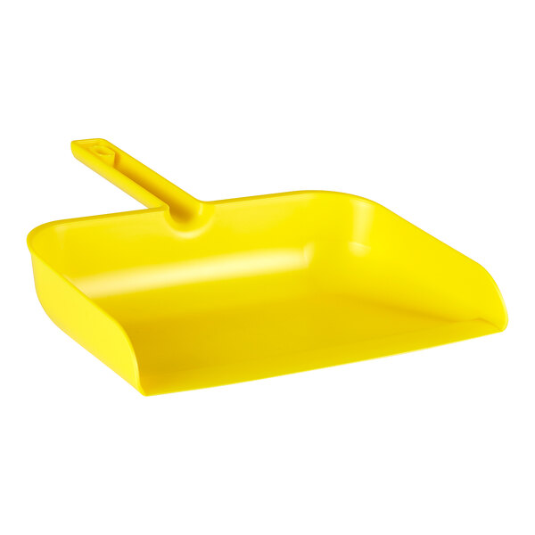A yellow plastic dustpan with a handle.