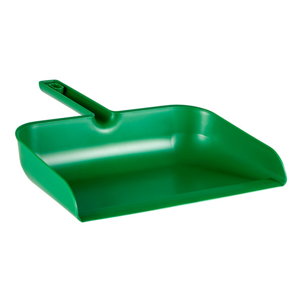 A green plastic Remco ColorCore dustpan with a handle.